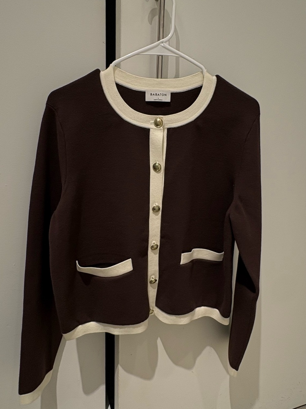 ARITZIA Babaton Brown Cardigan with Cream Trim and Gold Buttons